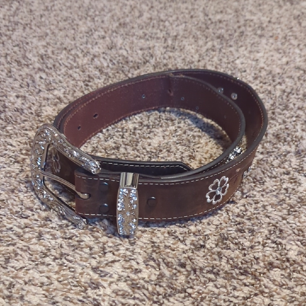 Ariat Distressed Brown With Embroidered Scrolling Flowers And Crystals Belt